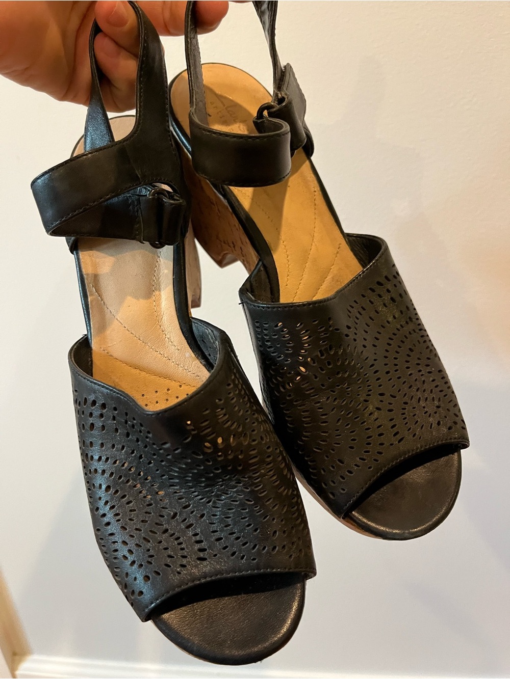 Clarks "Maritsa Nila" Perforated Leather Cork Wedge Sandals - Picture 3 of 11